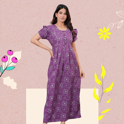 HARGUN NIGHT WEAR Women's Cotton Maxi Nighty, Printed, Ruffle Sleeves, Round Neck, All Day Comfort (Purple, XL)