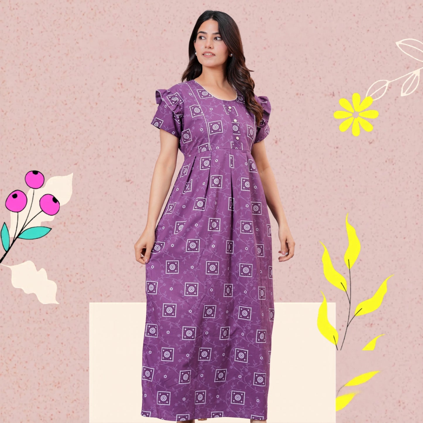 HARGUN NIGHT WEAR Women's Cotton Maxi Nighty, Printed, Ruffle Sleeves, Round Neck, All Day Comfort (Purple, XL)