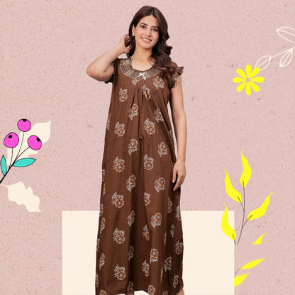 HARGUN NIGHT WEAR Cotton Nightgown for Women | Stylish Nighty Maxi Nightwear Floral Gown for Women Night Wear with Pocket ((Brown, XL)