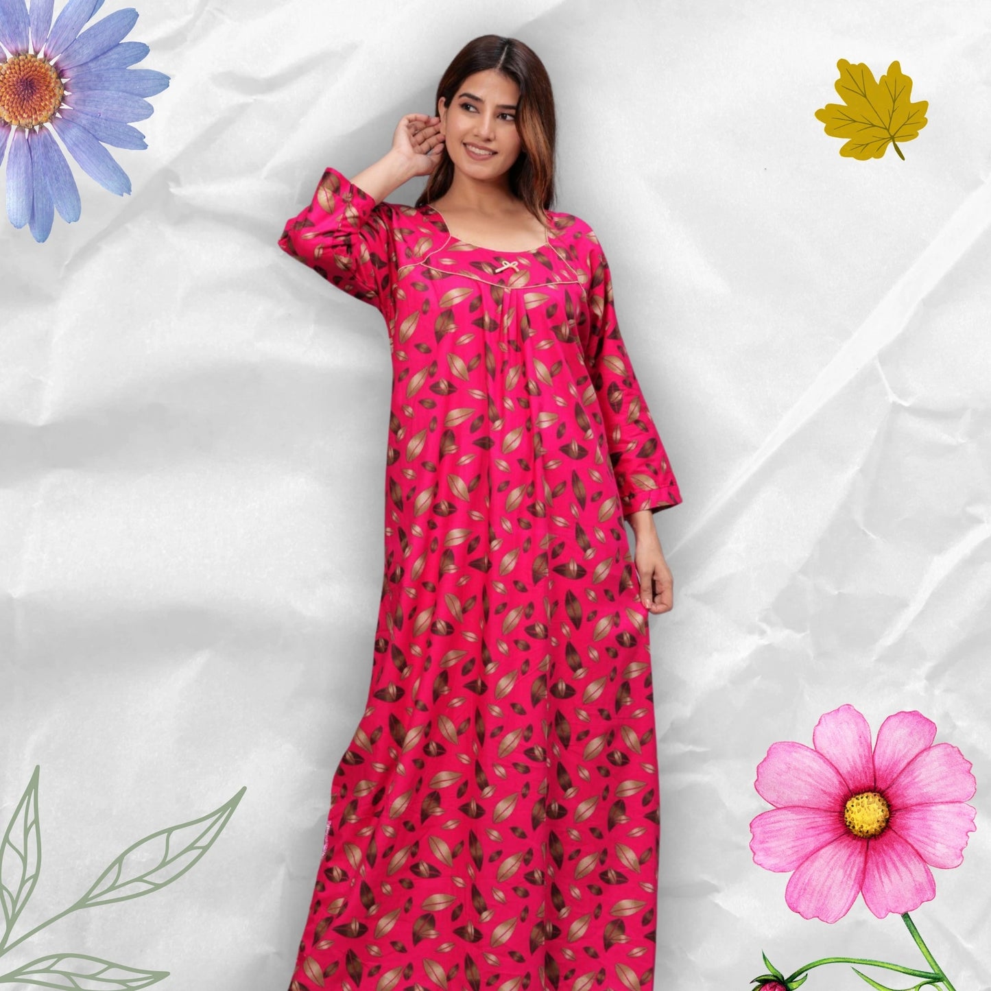 Full Sleeves Cotton Nightgown for Women (Raani Pink, XL)