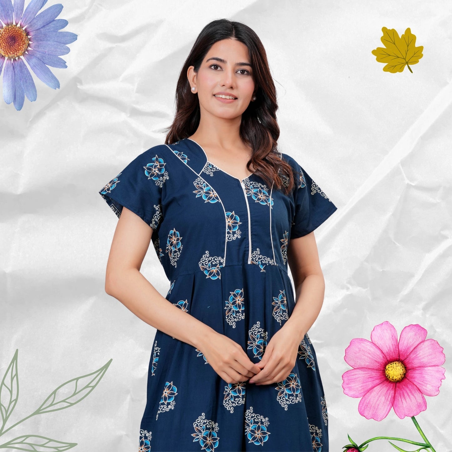 Women’s Pure Cotton Floral Nightgown  Full Length Maxi Nighty with Front Zipper & Adjustable Waist Tie