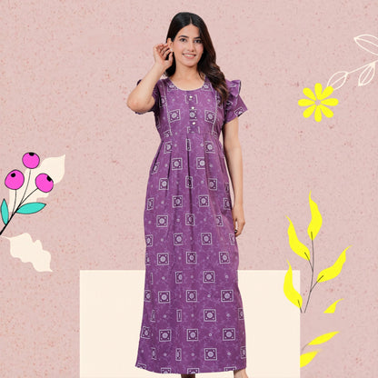 HARGUN NIGHT WEAR Women's Cotton Maxi Nighty, Printed, Ruffle Sleeves, Round Neck, All Day Comfort (Purple, XL)