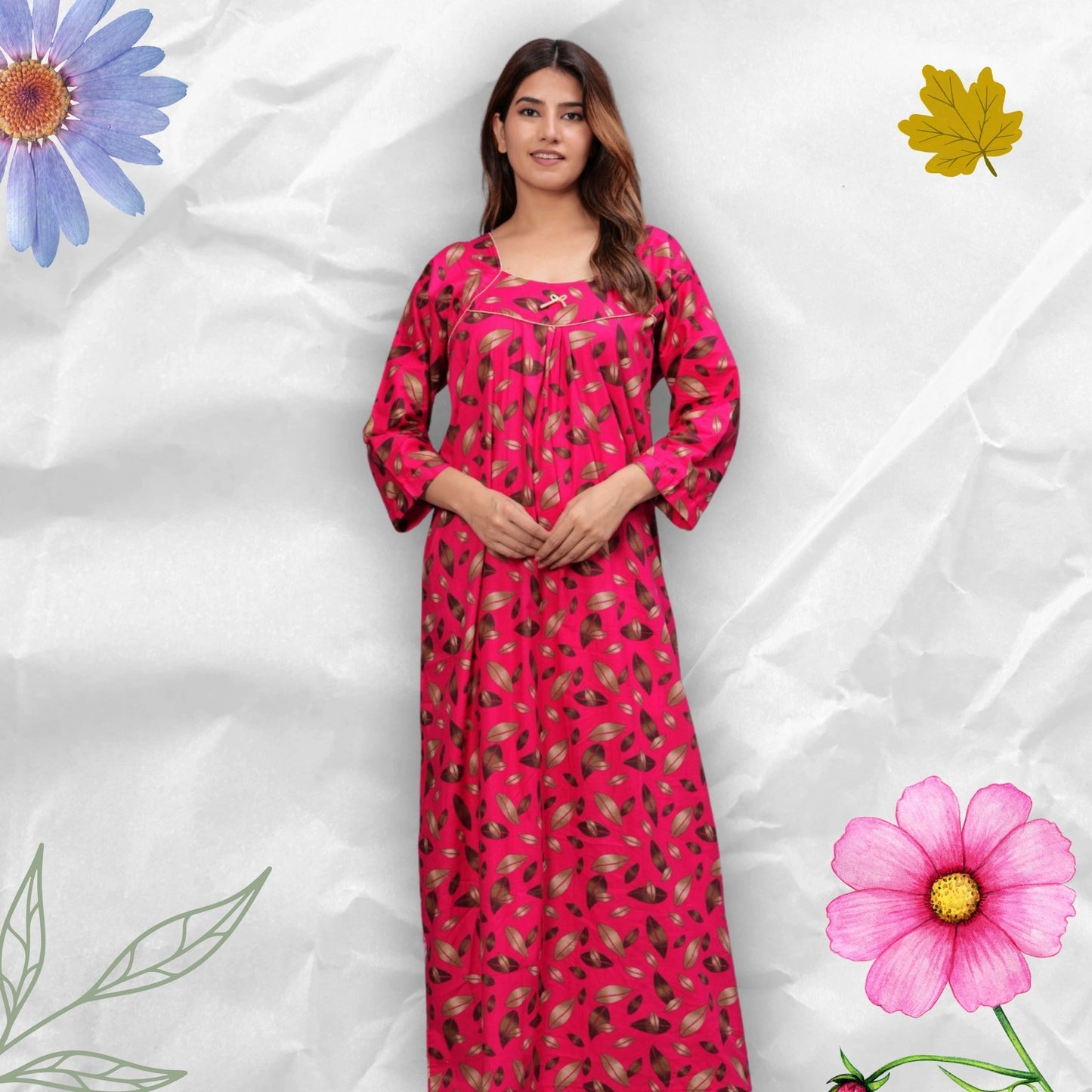 Full Sleeves Cotton Nightgown for Women (Raani Pink, XL)