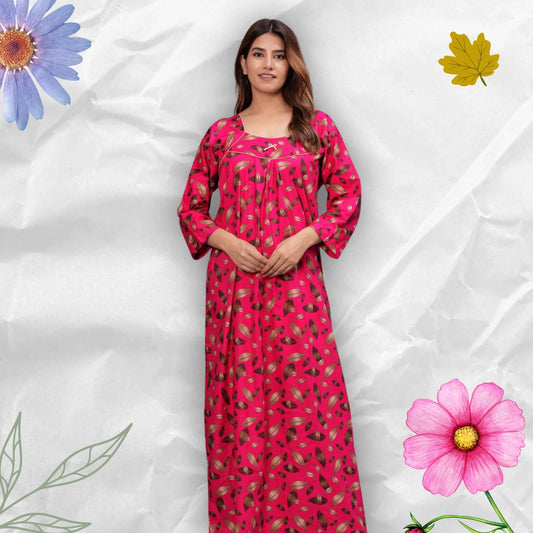 Full Sleeves Cotton Nightgown for Women (Raani Pink, XL)