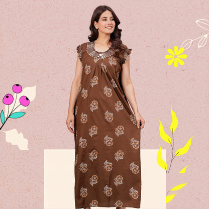 HARGUN NIGHT WEAR Cotton Nightgown for Women | Stylish Nighty Maxi Nightwear Floral Gown for Women Night Wear with Pocket ((Brown, XL)