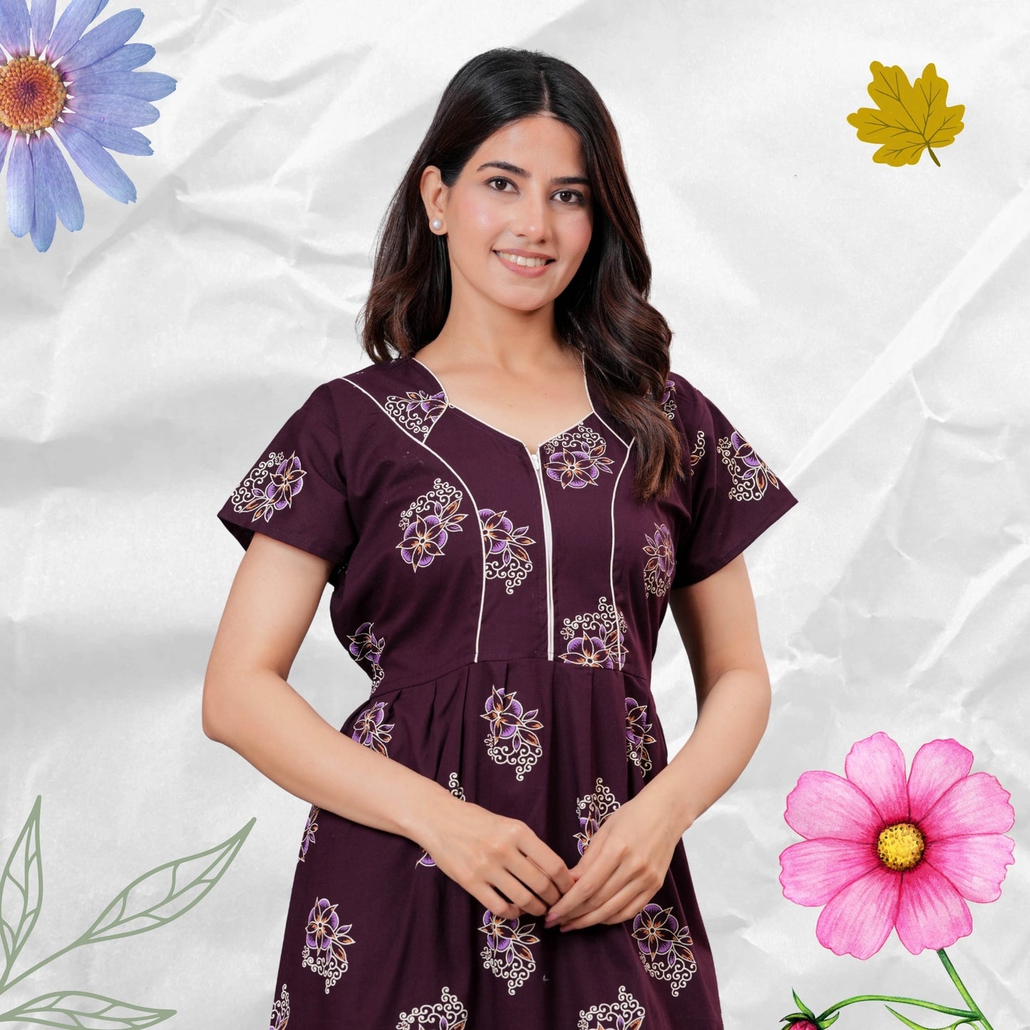 Women’s Pure Cotton Floral Nightgown  Full Length Maxi Nighty with Front Zipper & Adjustable Waist Tie