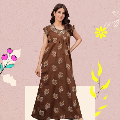 HARGUN NIGHT WEAR Cotton Nightgown for Women | Stylish Nighty Maxi Nightwear Floral Gown for Women Night Wear with Pocket ((Brown, XL)