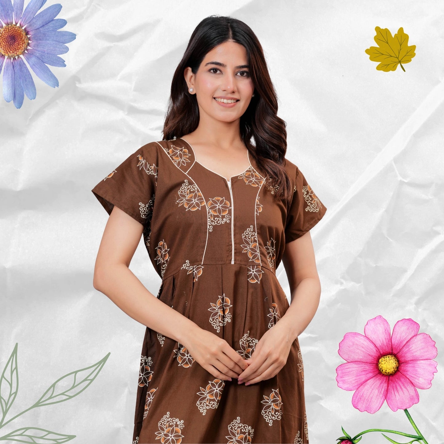 Women’s Pure Cotton Floral Nightgown  Full Length Maxi Nighty with Front Zipper & Adjustable Waist Tie