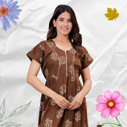 Women’s Pure Cotton Floral Nightgown  Full Length Maxi Nighty with Front Zipper & Adjustable Waist Tie