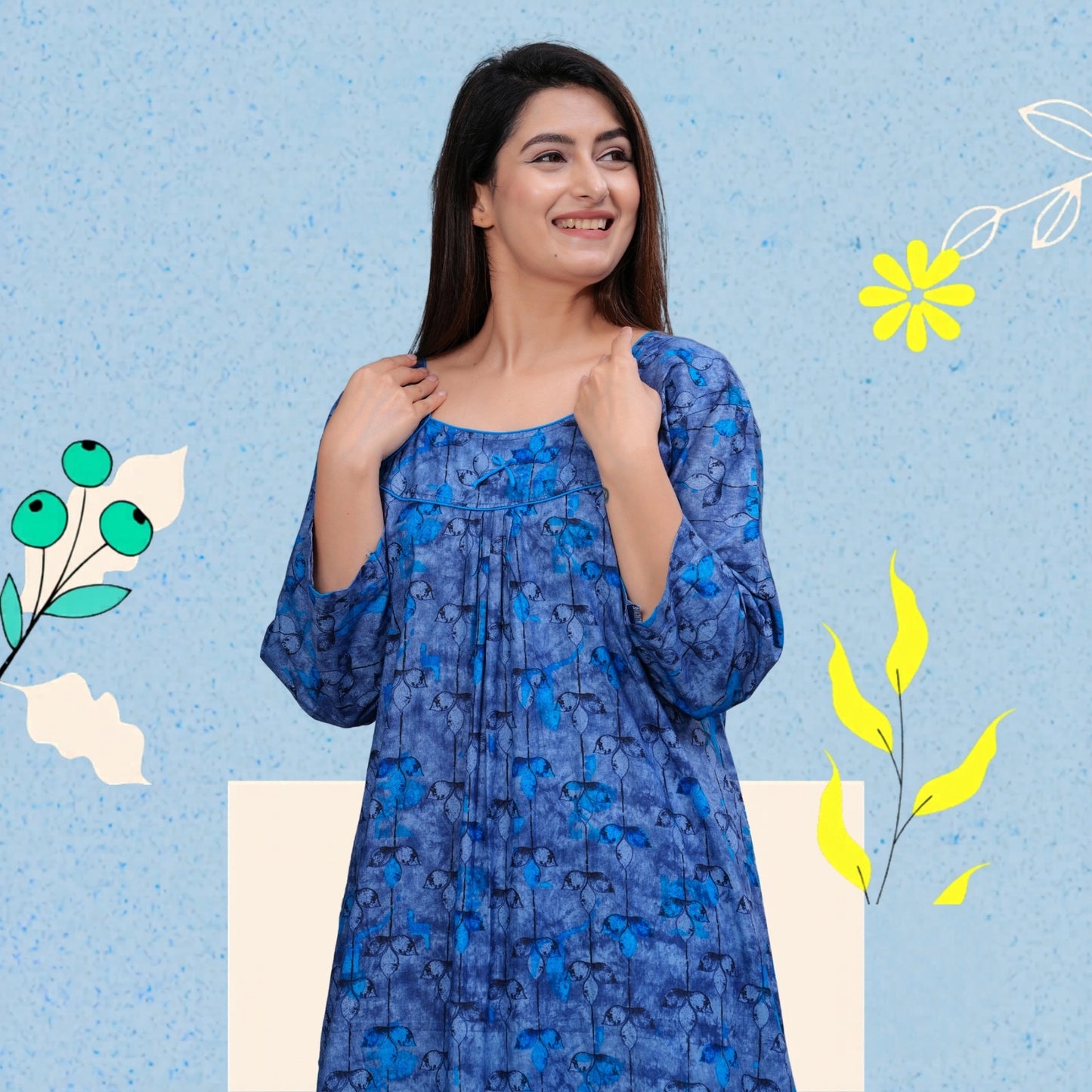 Women's Cotton Floral Print Full Sleeve Maxi Nightgown (Blue ,XL)