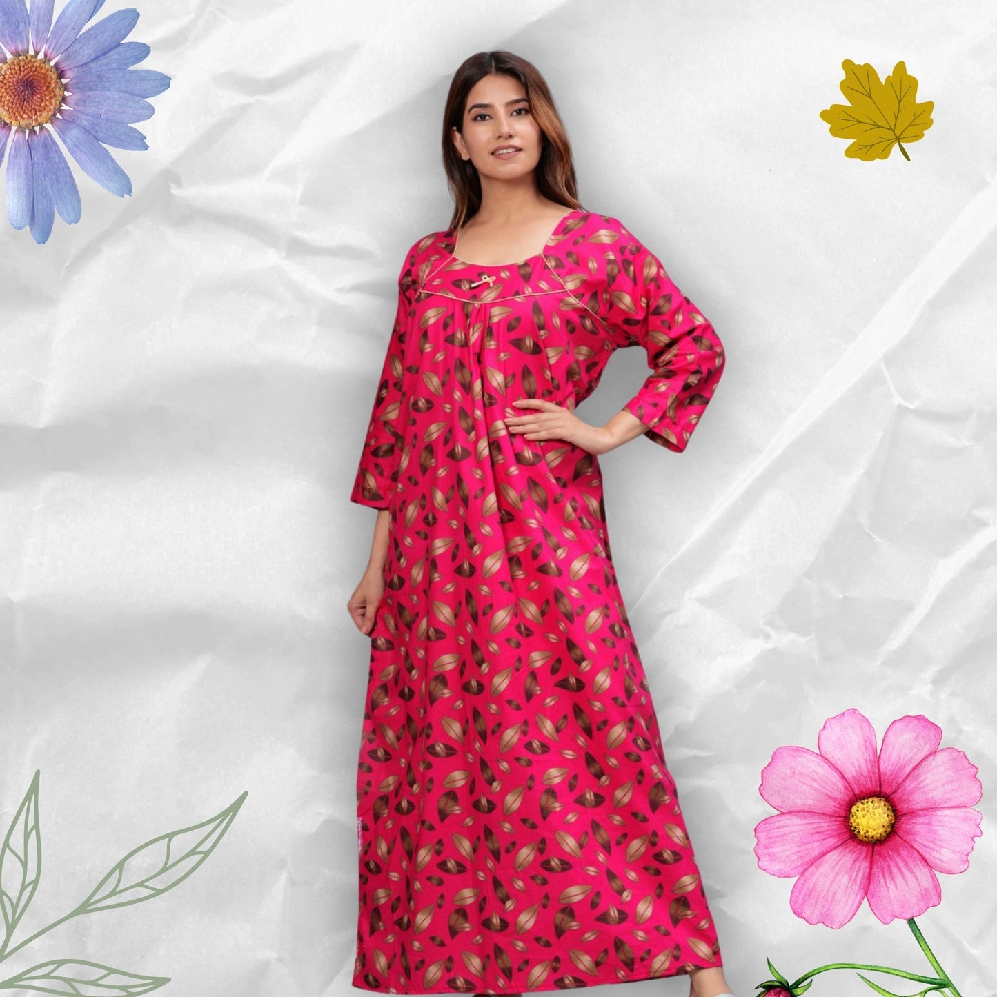 Full Sleeves Cotton Nightgown for Women (Raani Pink, XL)