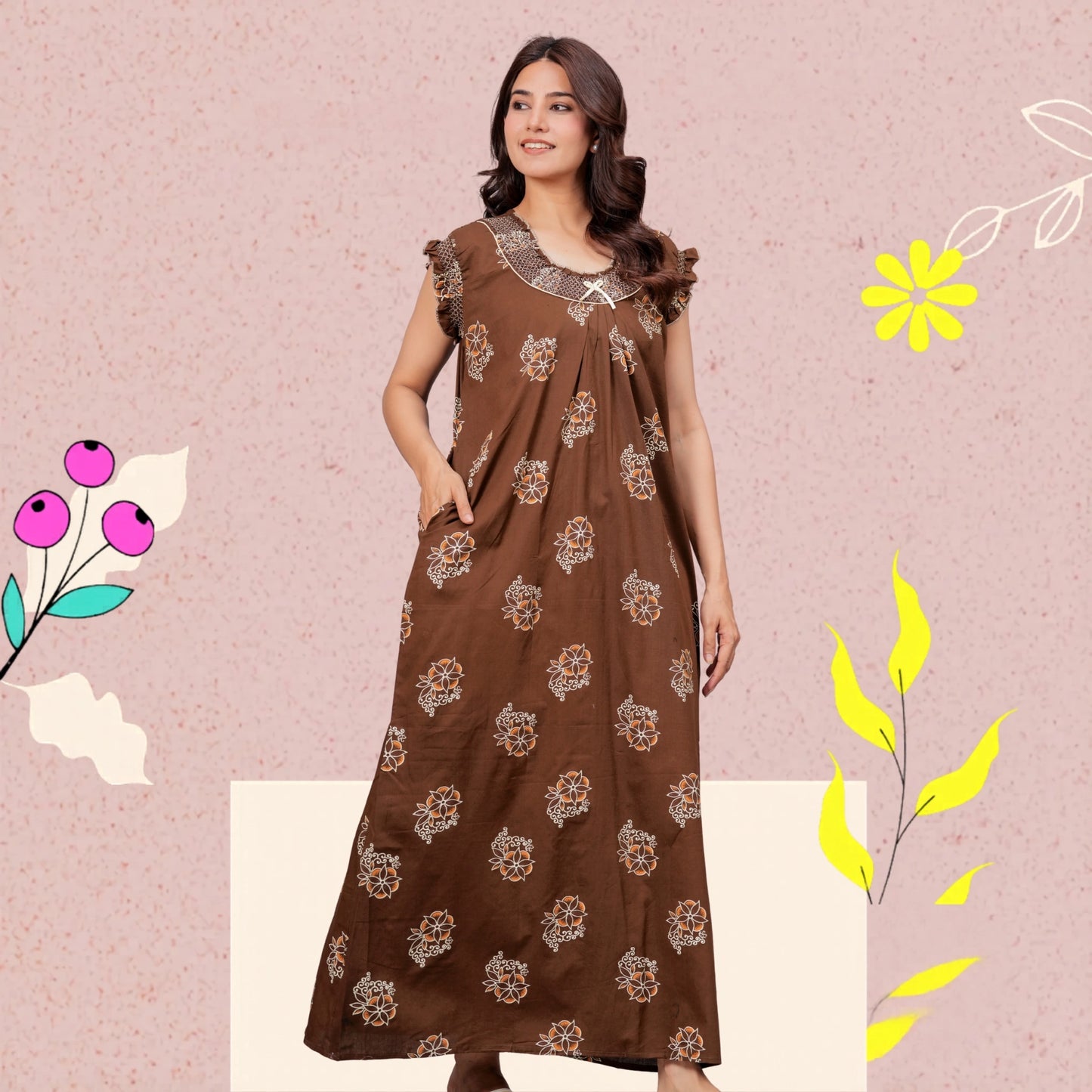 HARGUN NIGHT WEAR Cotton Nightgown for Women | Stylish Nighty Maxi Nightwear Floral Gown for Women Night Wear with Pocket ((Brown, XL)