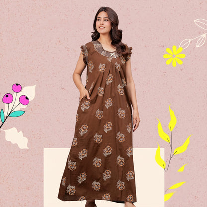 HARGUN NIGHT WEAR Cotton Nightgown for Women | Stylish Nighty Maxi Nightwear Floral Gown for Women Night Wear with Pocket ((Brown, XL)