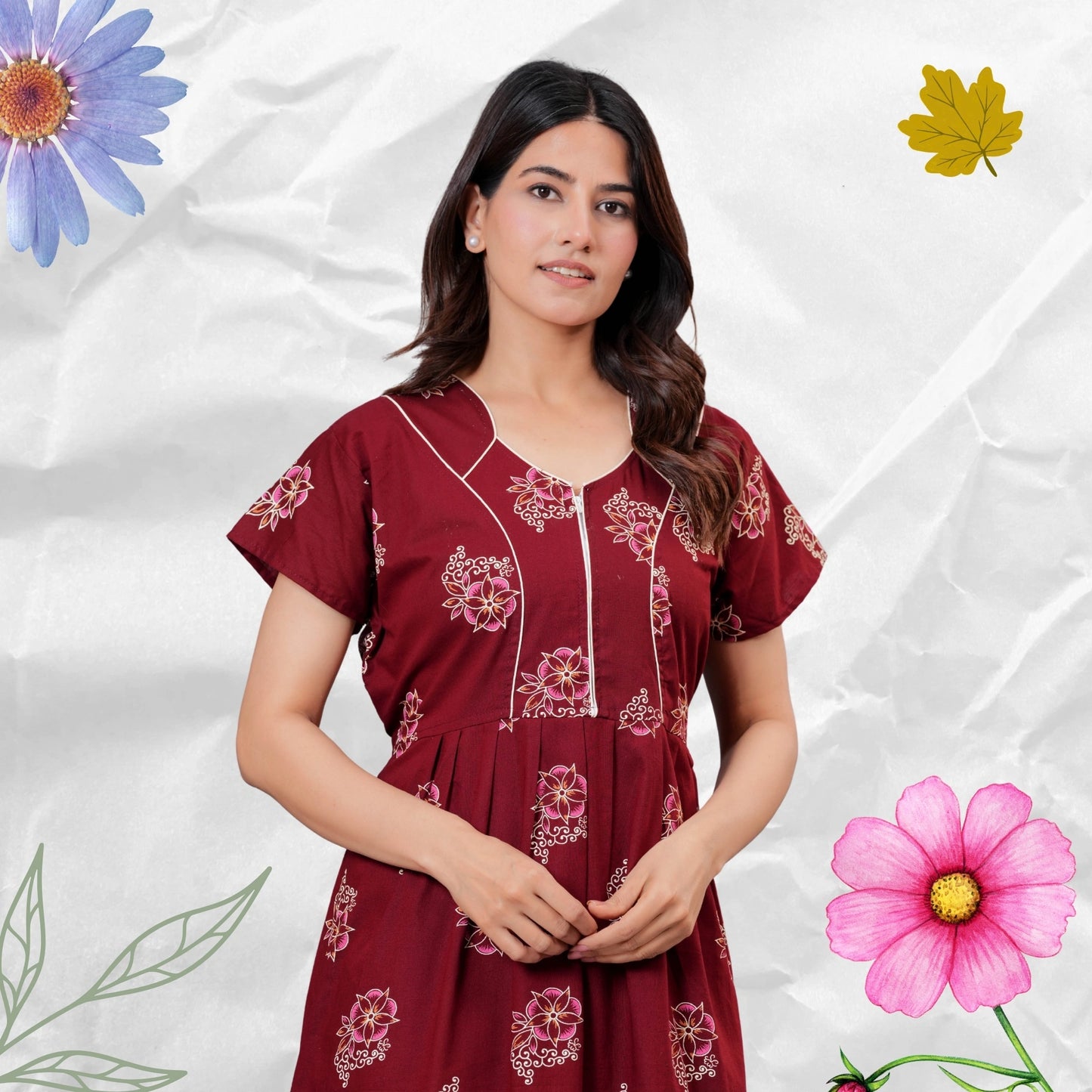 Women’s Pure Cotton Floral Nightgown  Full Length Maxi Nighty with Front Zipper & Adjustable Waist Tie