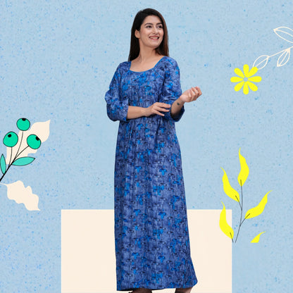 Women's Cotton Floral Print Full Sleeve Maxi Nightgown (Blue ,XL)