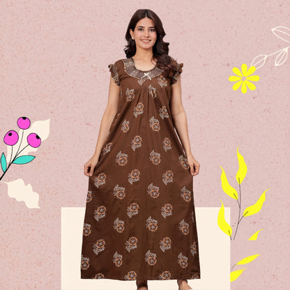 HARGUN NIGHT WEAR Cotton Nightgown for Women | Stylish Nighty Maxi Nightwear Floral Gown for Women Night Wear with Pocket ((Brown, XL)