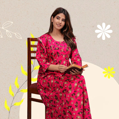 Women Cotton Full Sleeves Nightgown (Raani Pink, XL)