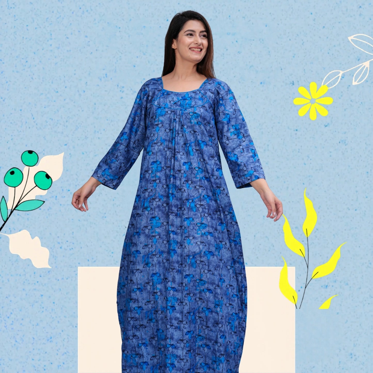 Women's Cotton Floral Print Full Sleeve Maxi Nightgown (Blue ,XL)