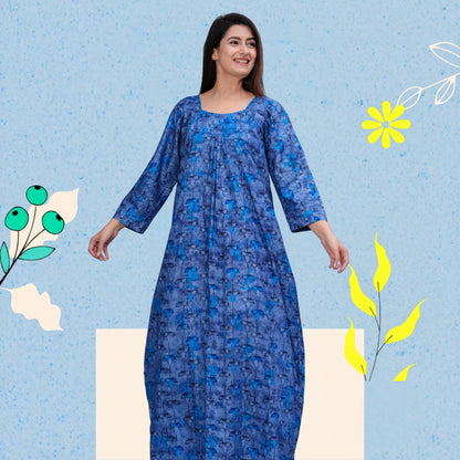 Women's Cotton Floral Print Full Sleeve Maxi Nightgown (Blue ,XL)
