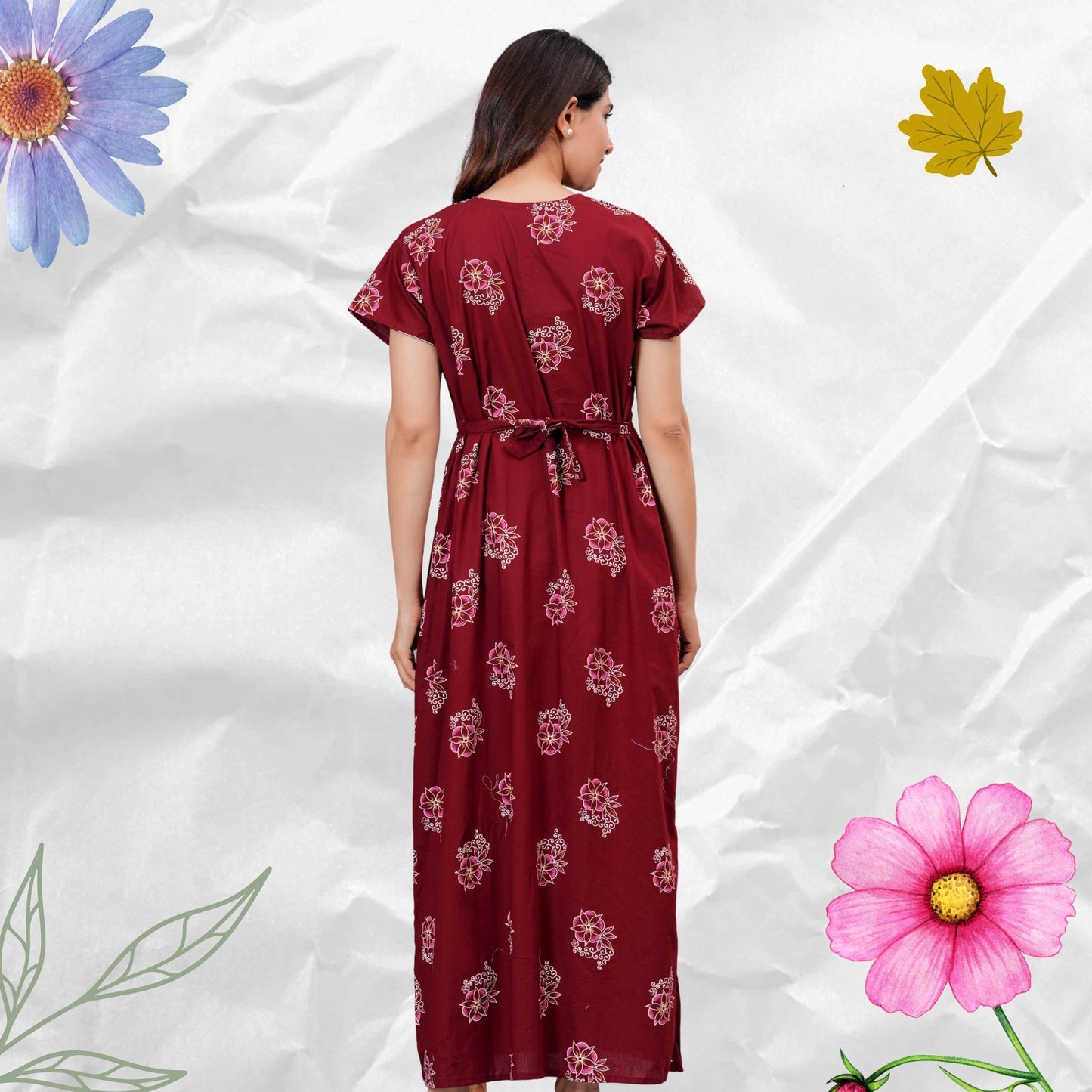Women’s Pure Cotton Floral Nightgown  Full Length Maxi Nighty with Front Zipper & Adjustable Waist Tie