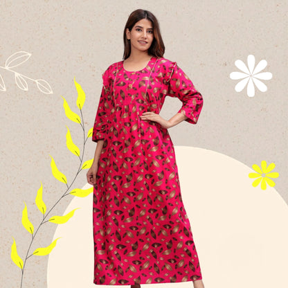 Women Cotton Full Sleeves Nightgown (Raani Pink, XL)