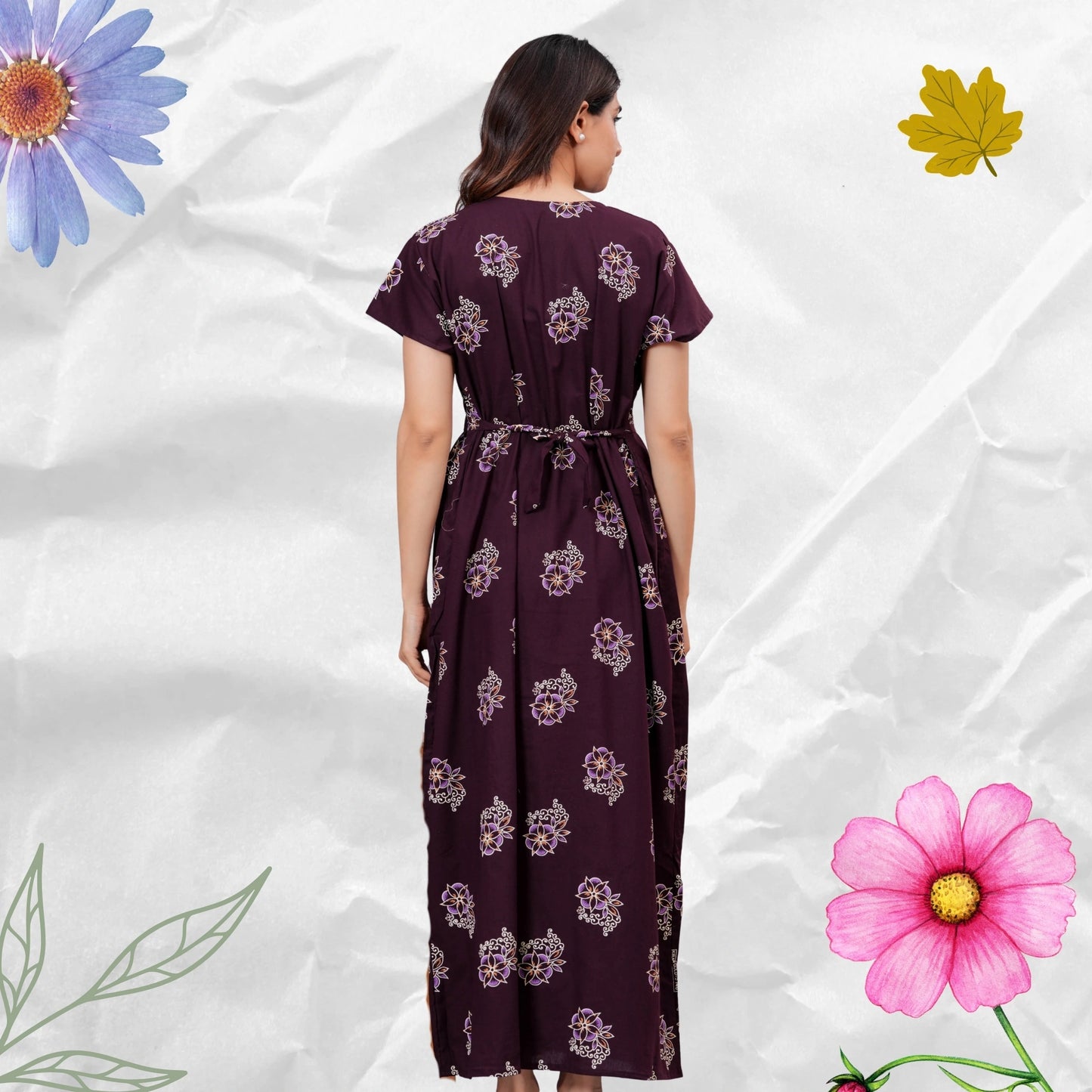 Women’s Pure Cotton Floral Nightgown  Full Length Maxi Nighty with Front Zipper & Adjustable Waist Tie