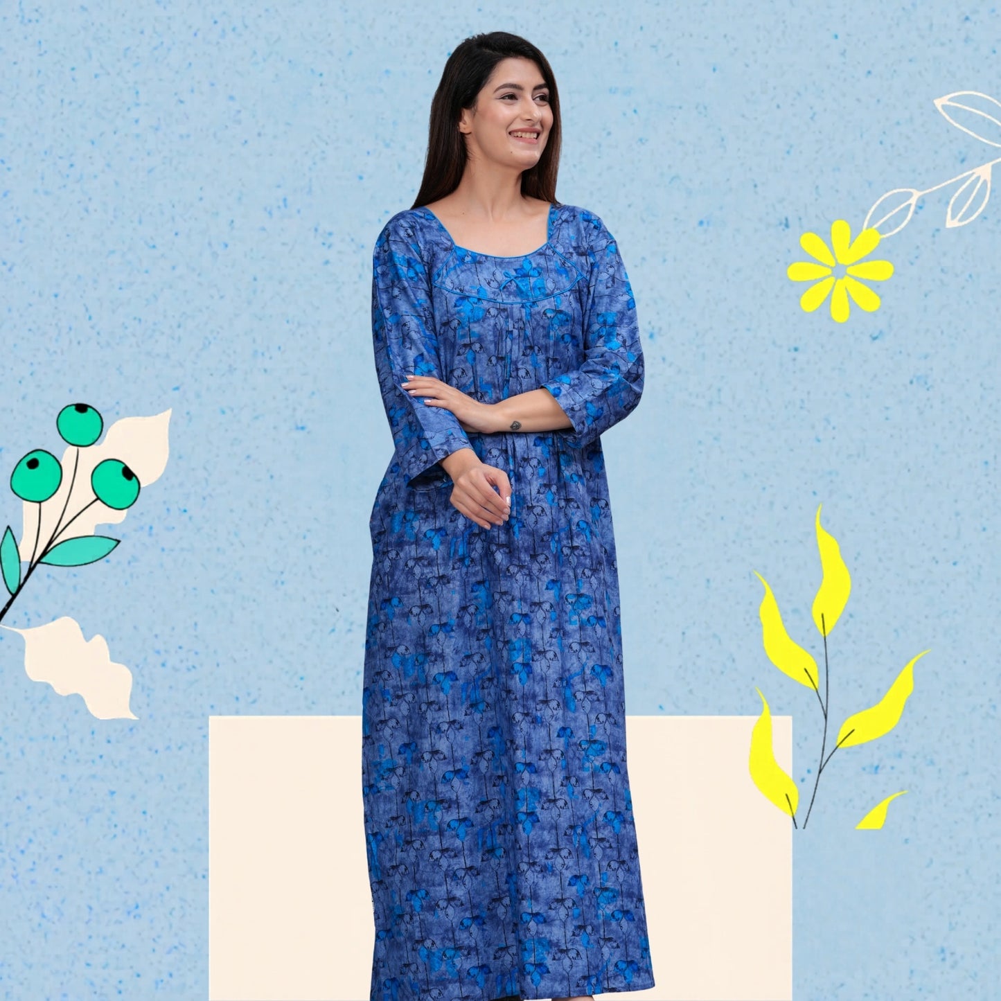 Women's Cotton Floral Print Full Sleeve Maxi Nightgown (Blue ,XL)