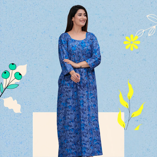 Women's Cotton Floral Print Full Sleeve Maxi Nightgown (Blue ,XL)