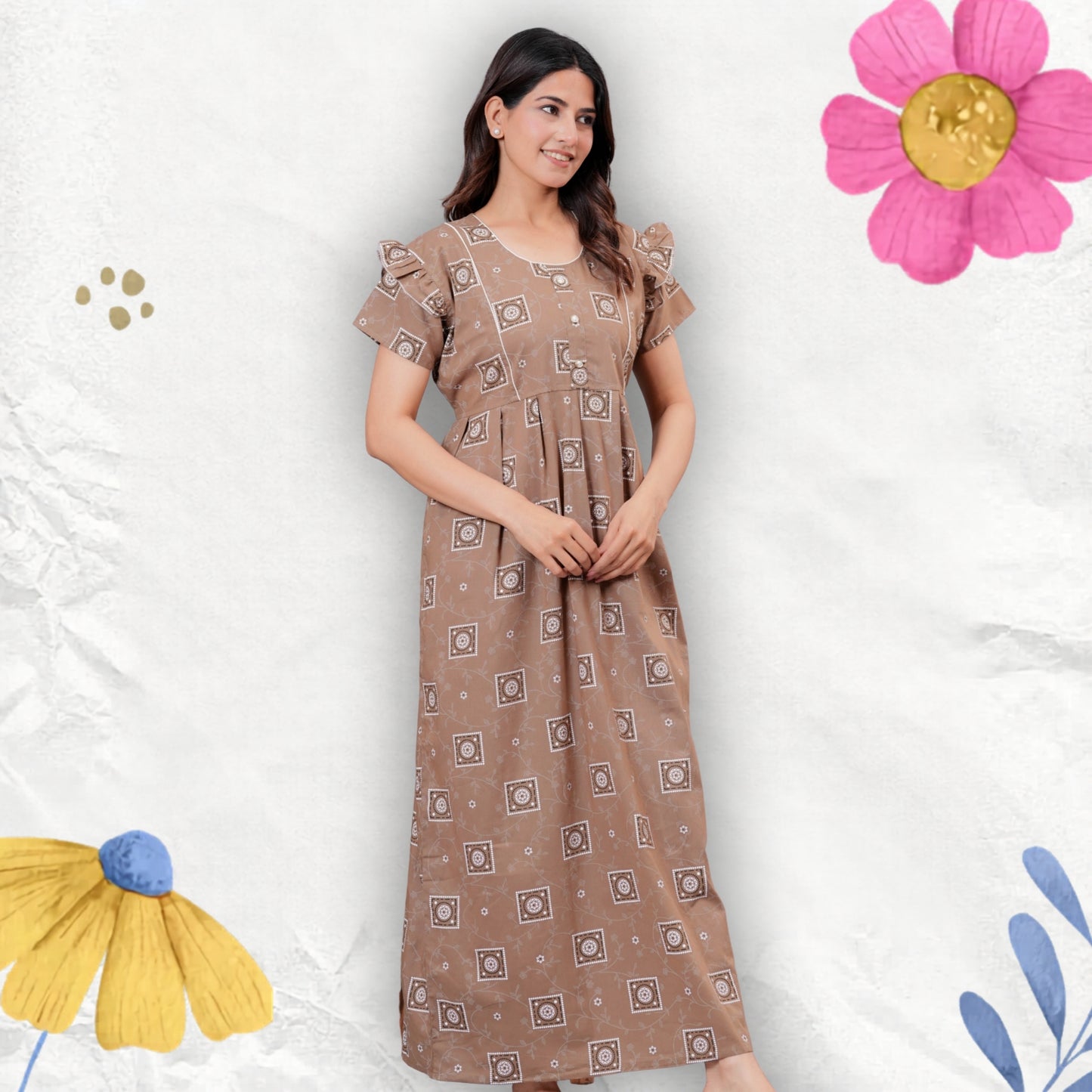 HARGUN NIGHT WEAR Women's Cotton Maxi Nighty, Printed, Ruffle Sleeves, Round Neck, All Day Comfort (Beige, XL)