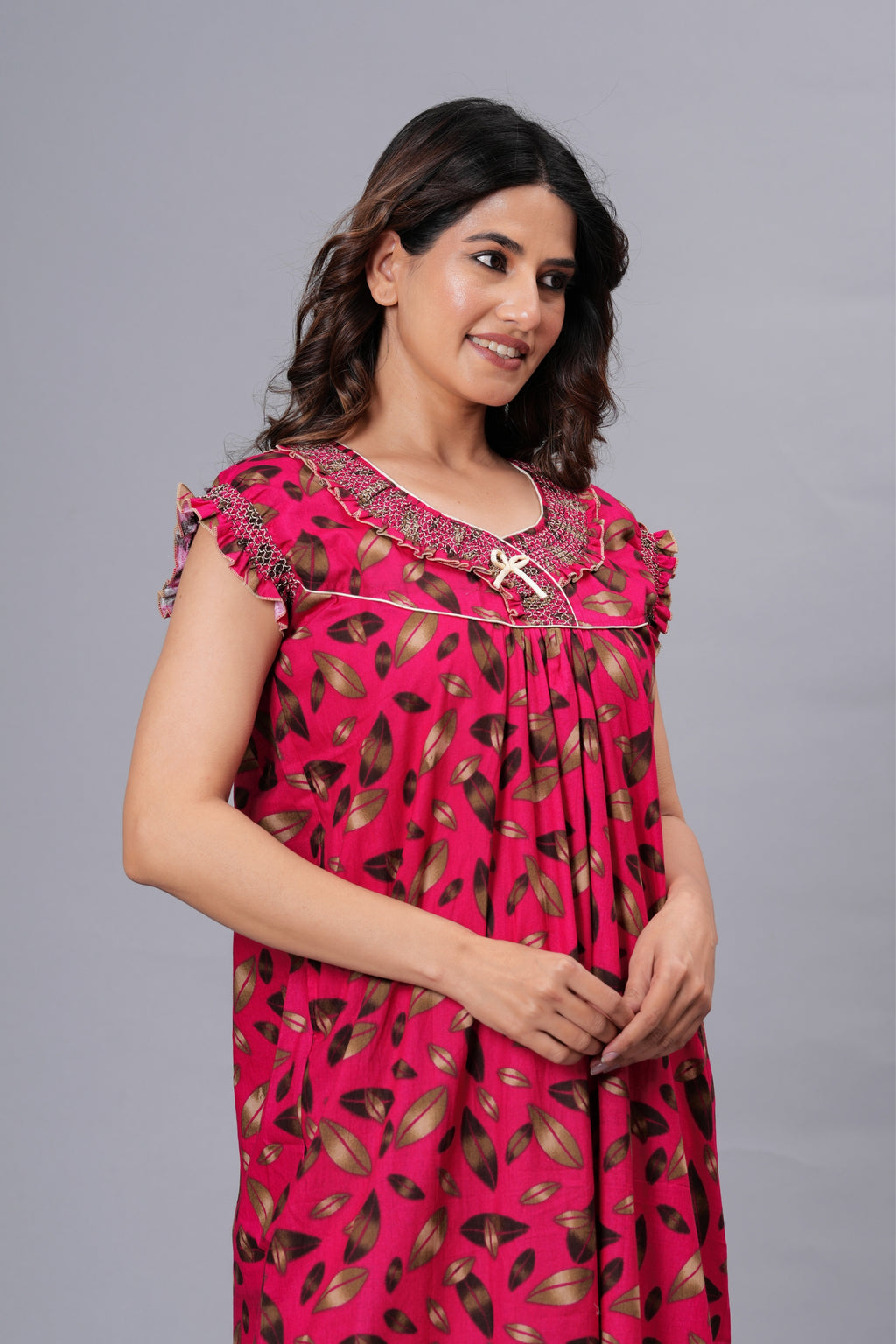 HARGUN Cotton Nightgown, Floral Print, Short Flutter Sleeves, Navy Blue and Gold, Full Length with Pockets (Combo, Free Size)