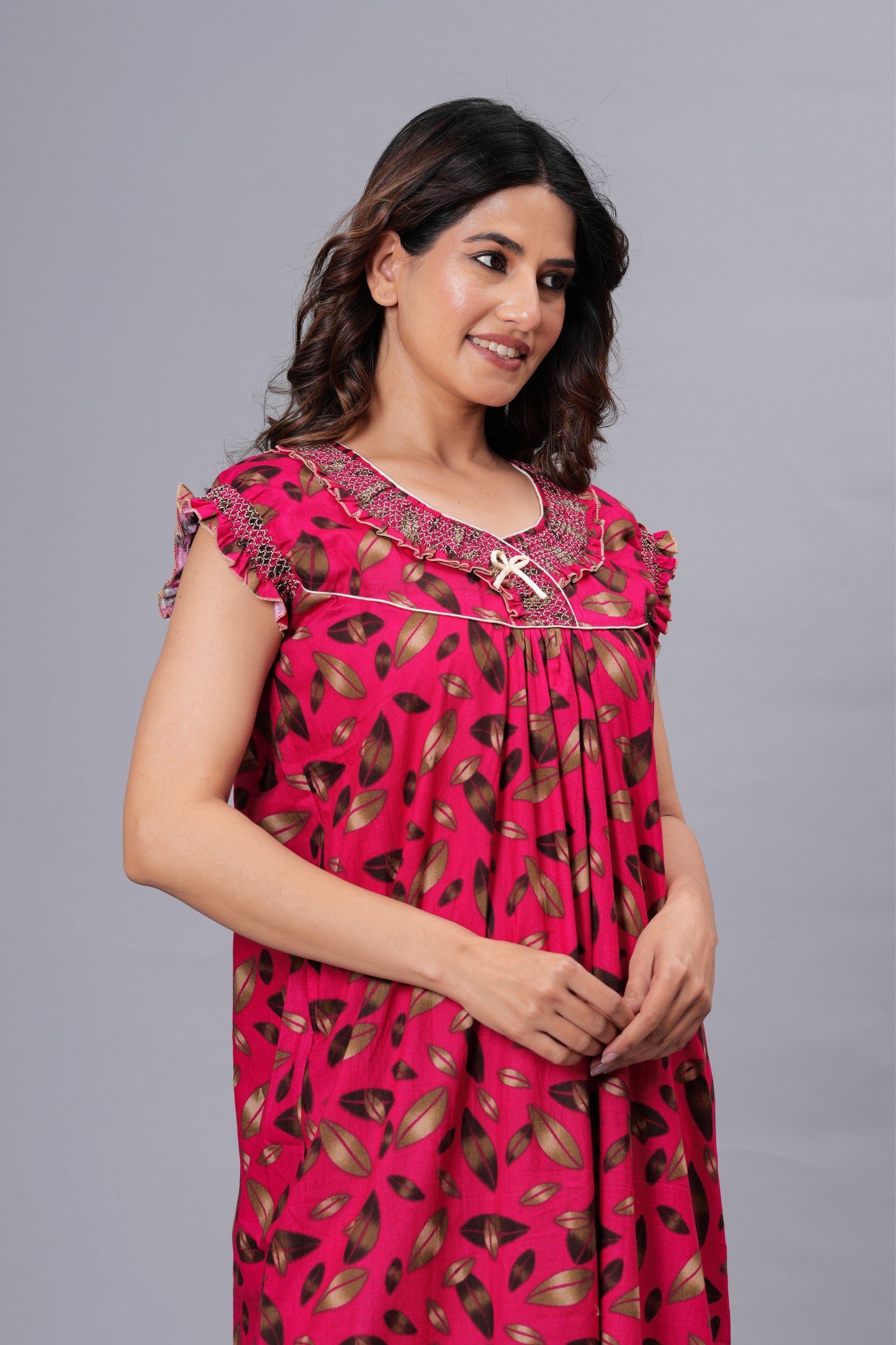 HARGUN Cotton Nightgown, Floral Print, Short Flutter Sleeves, Navy Blue and Gold, Full Length with Pockets (Combo, Free Size)