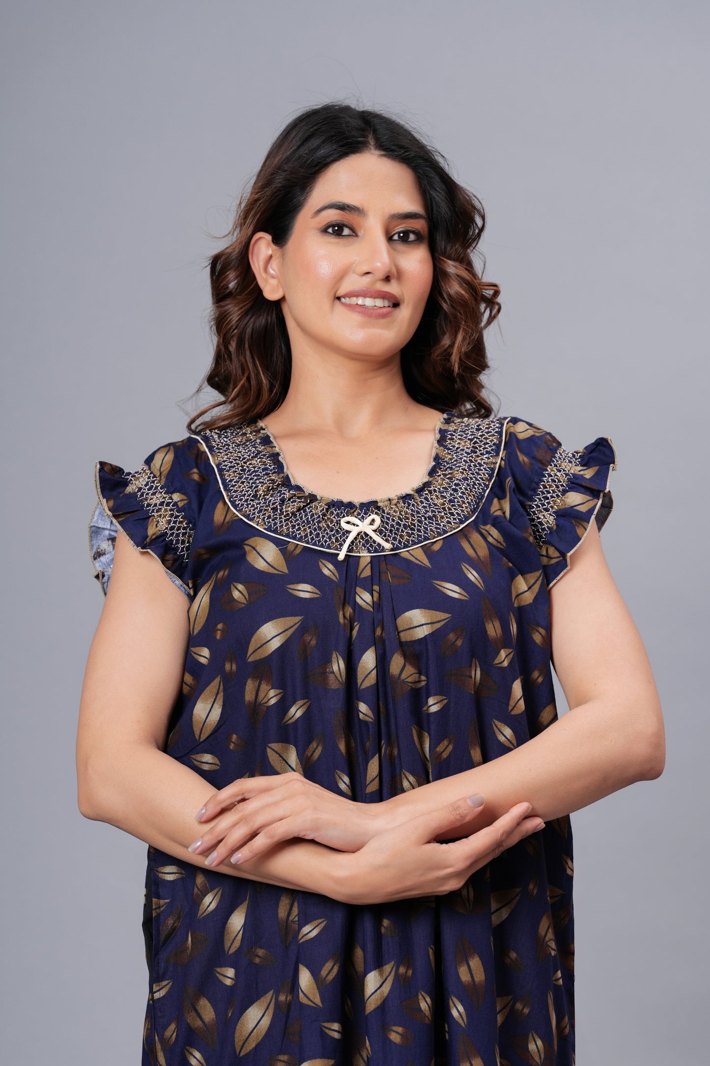 HARGUN Cotton Nightgown, Floral Print, Short Flutter Sleeves, Navy Blue and Gold, Full Length with Pockets (Combo, Free Size)