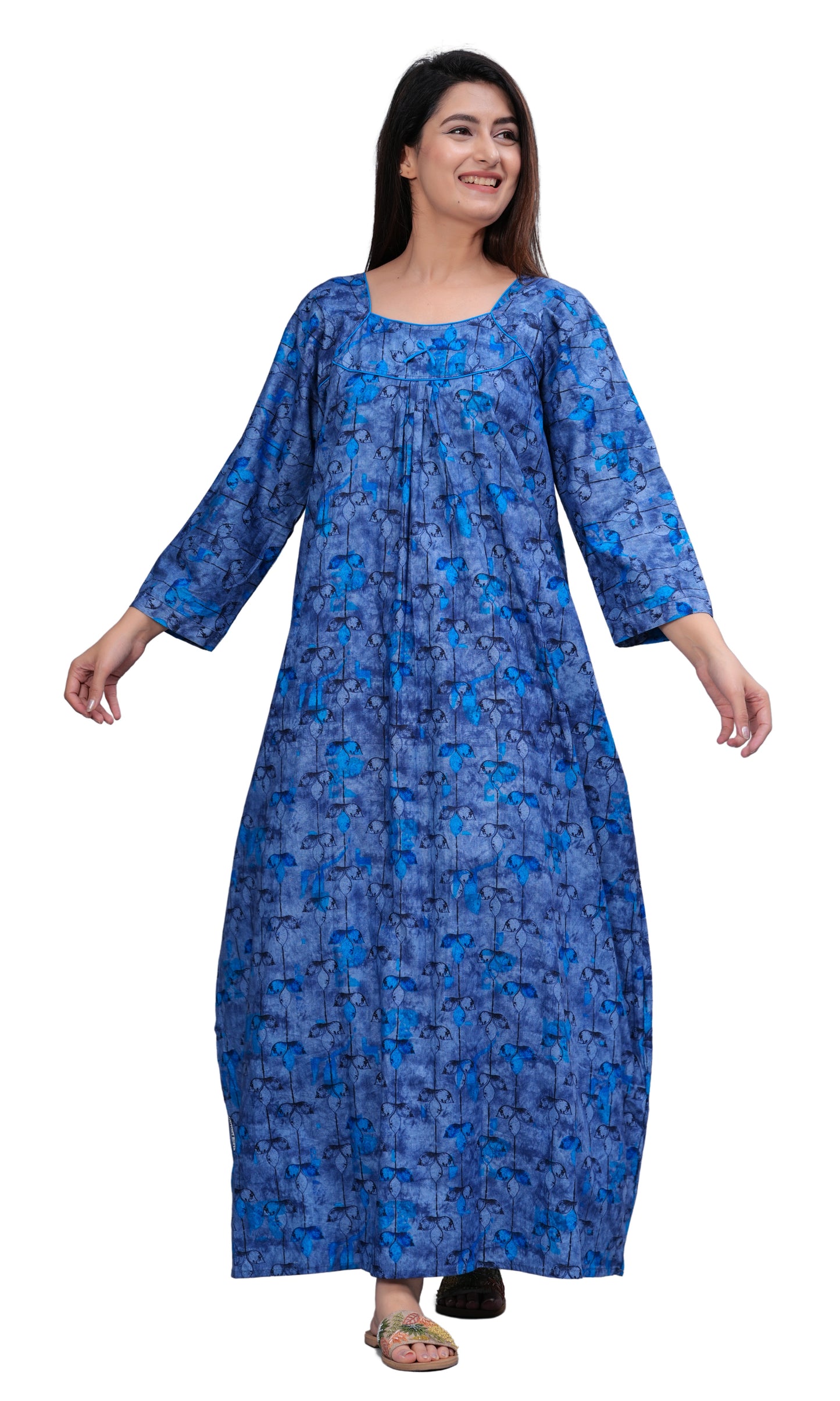 Women's Cotton Floral Print Full Sleeve Maxi Nightgown (Blue ,XL)