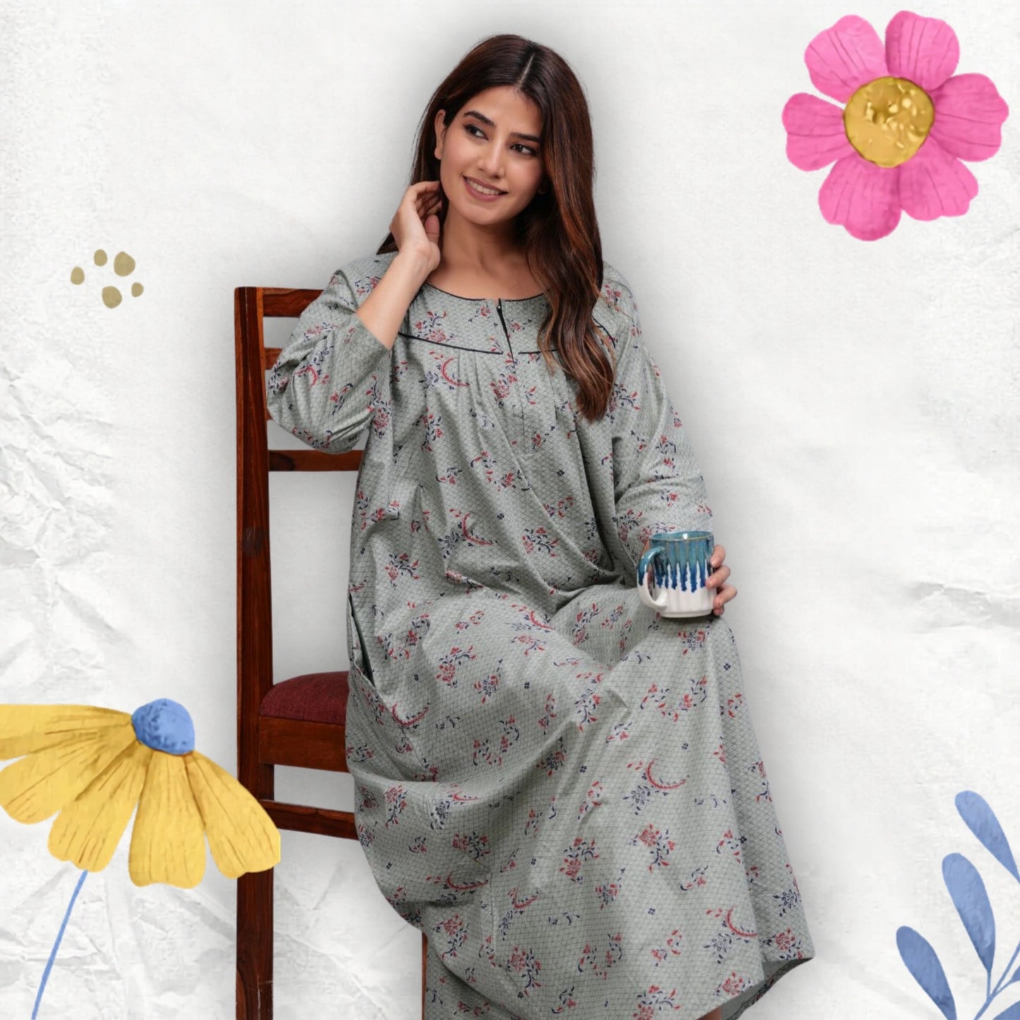 Cotton Full Sleeves Nightgown for Women (Cardamom Grey, XL)
