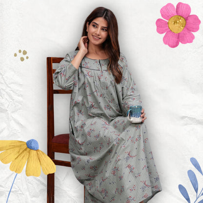 Cotton Full Sleeves Nightgown for Women (Cardamom Grey, XL)