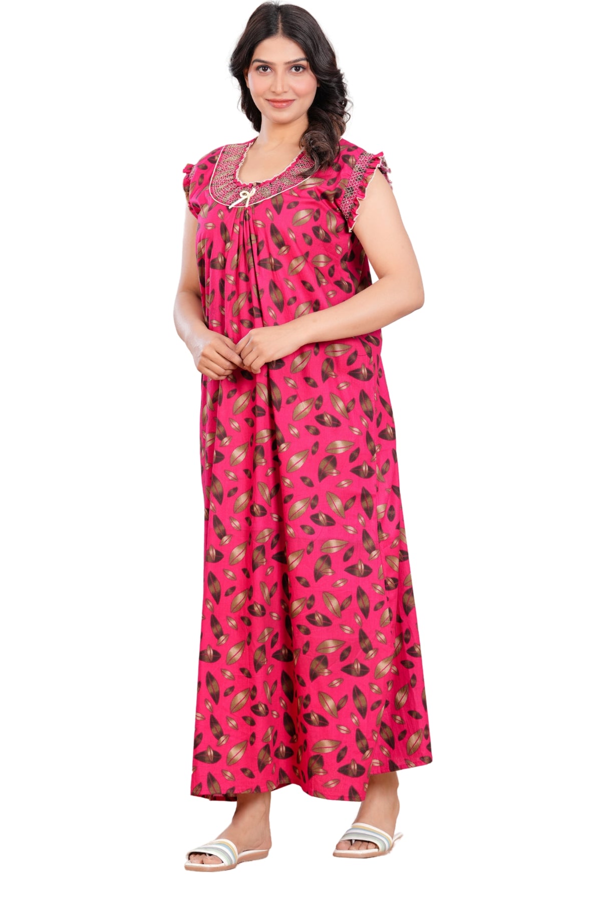 HARGUN NIGHT WEAR Women's Elegant Cotton Nightgown with Pocket & Embroidered Neck Design (Raani Pink, Free Size)