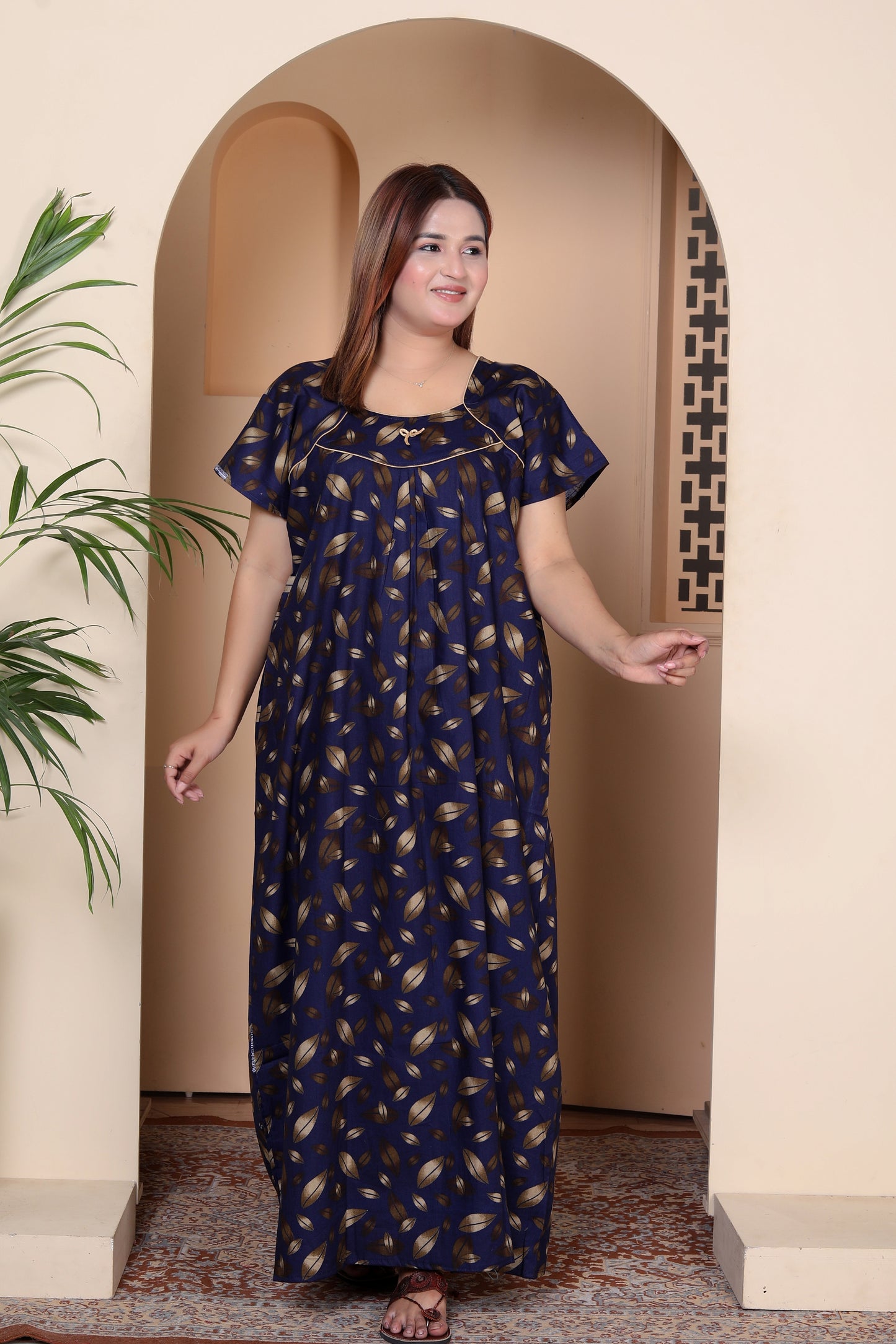 Short Sleeves Nightgown for Women, Cotton, Full Length,  (XL, Navy Blue, Dark Pink)