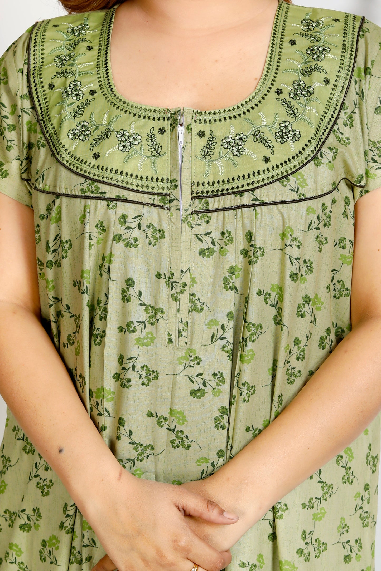 Floral Print Embroidery Nighty for Women(Kelly Green)