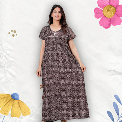 Women's Cotton Maxi Nighty, Geometric Print, Short Sleeve, Full Length Night Dress (Brown, XL)