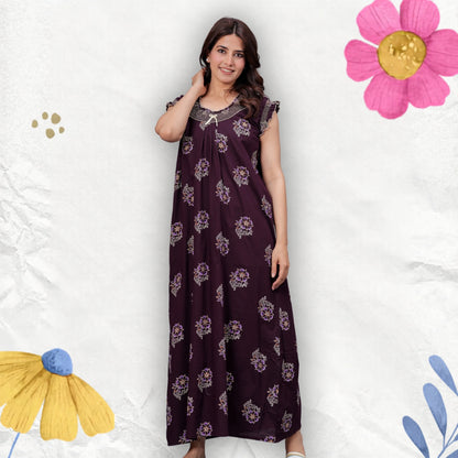 HARGUN NIGHT WEAR Cotton Nightgown for Women | Stylish Nighty Maxi Nightwear Floral Gown for Women Night Wear with Pocket (Purple, XL)