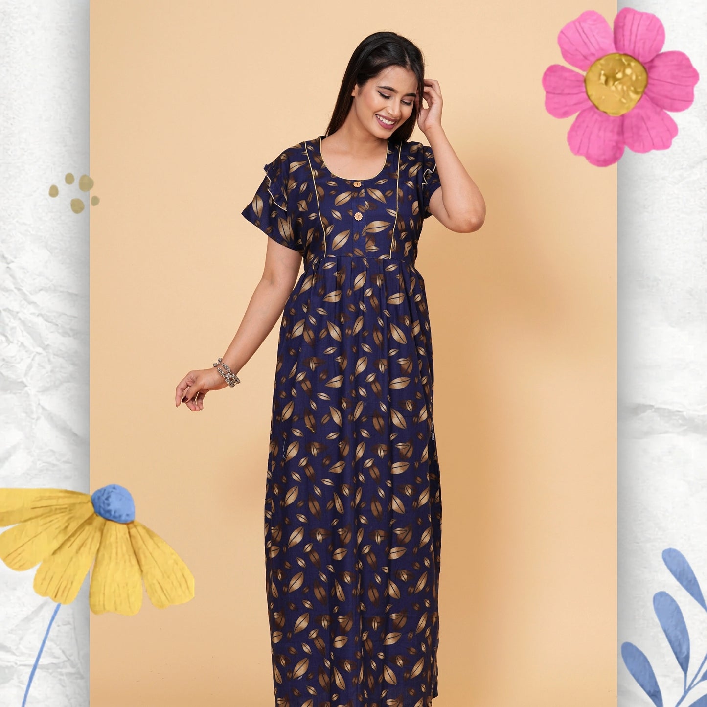 Women's Cotton Floral Print Maxi Nightgown (Navy Blue)