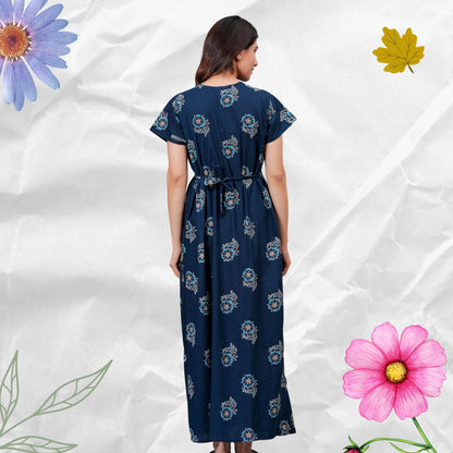 Women’s Pure Cotton Floral Nightgown  Full Length Maxi Nighty with Front Zipper & Adjustable Waist Tie