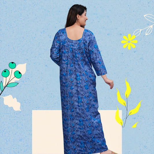 Women's Cotton Floral Print Full Sleeve Maxi Nightgown (Blue ,XL)