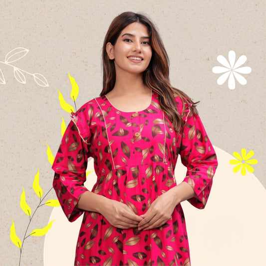 Women Cotton Full Sleeves Nightgown (Raani Pink, XL)