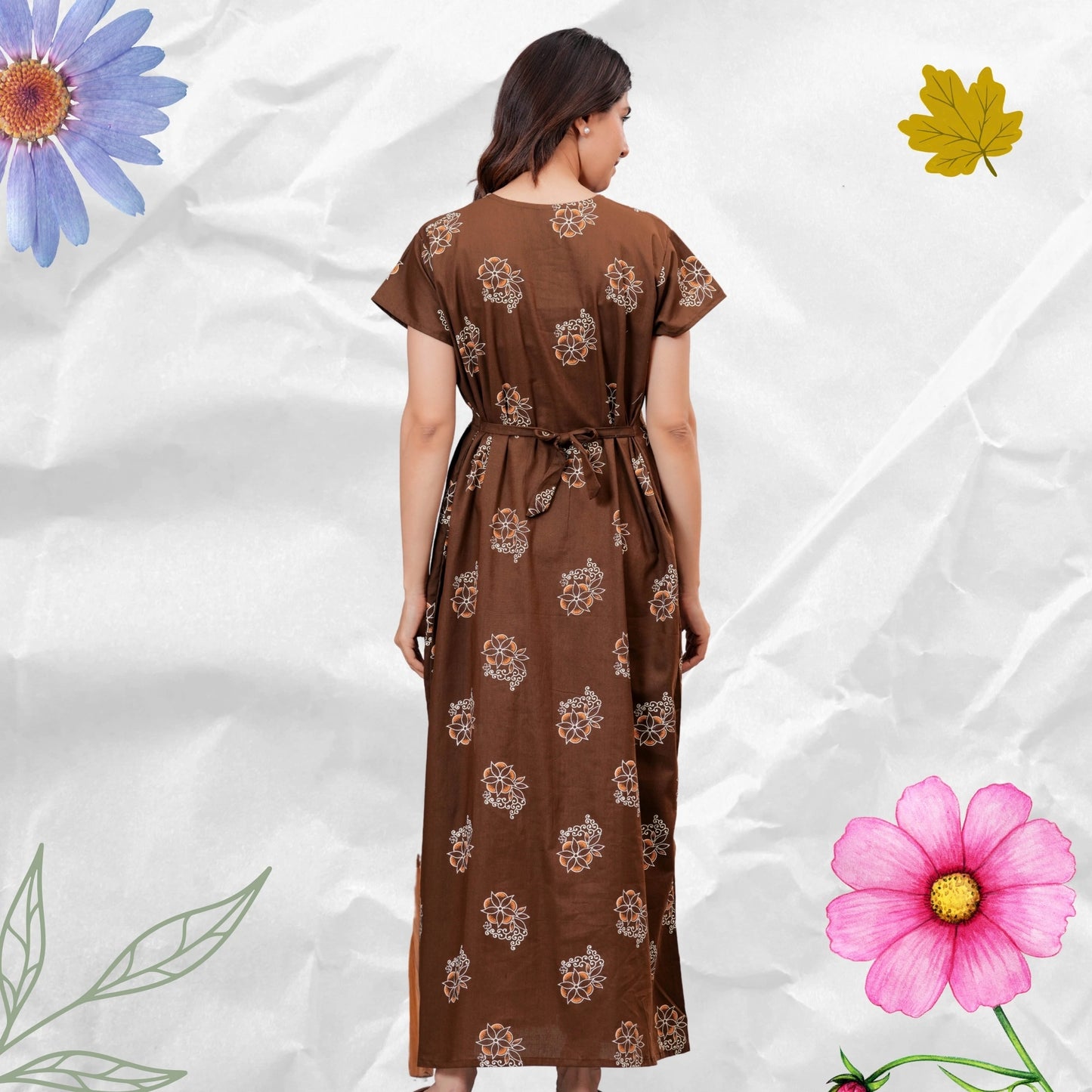 Women’s Pure Cotton Floral Nightgown  Full Length Maxi Nighty with Front Zipper & Adjustable Waist Tie