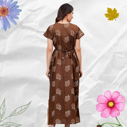 Women’s Pure Cotton Floral Nightgown  Full Length Maxi Nighty with Front Zipper & Adjustable Waist Tie