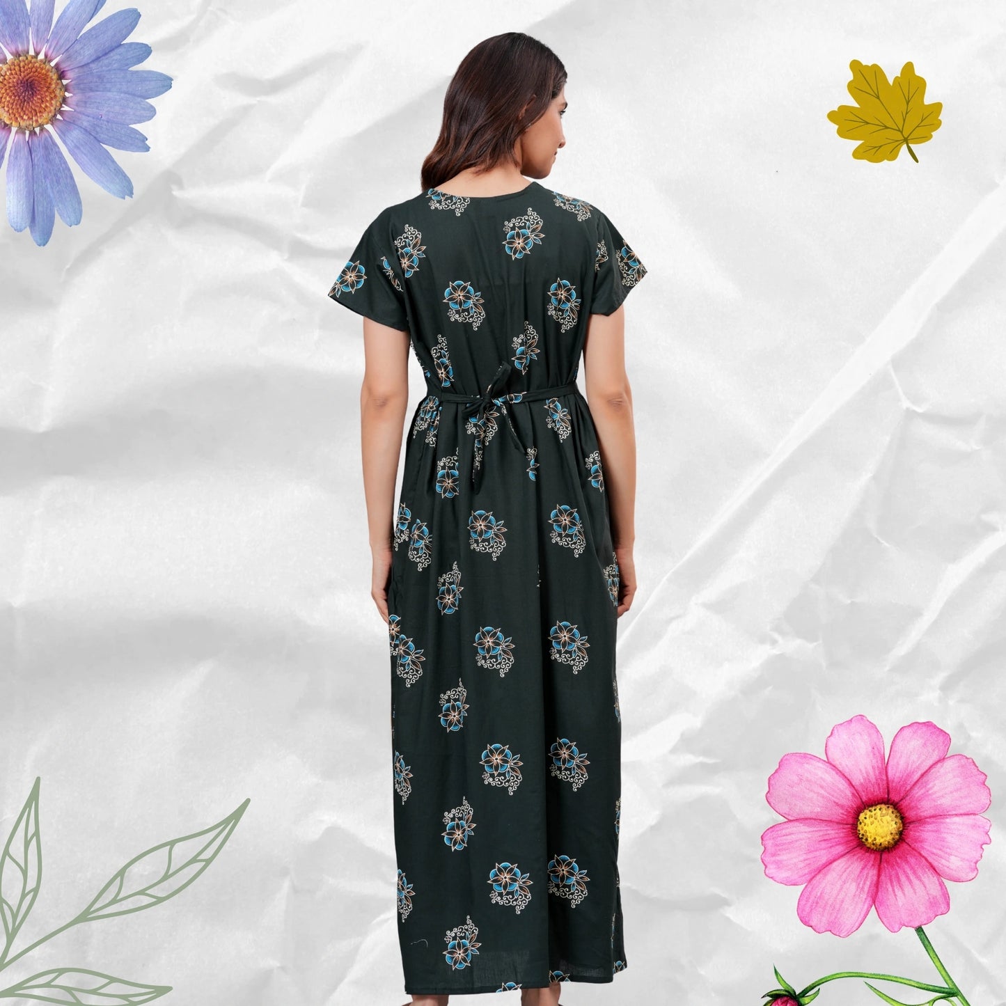 Women’s Pure Cotton Floral Nightgown  Full Length Maxi Nighty with Front Zipper & Adjustable Waist Tie