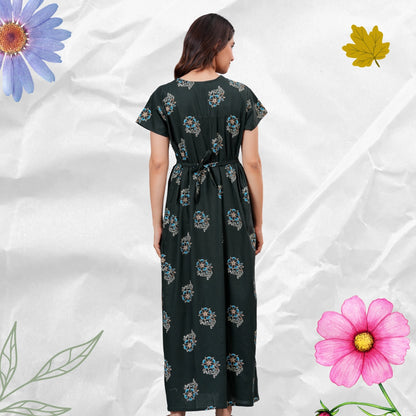 Women’s Pure Cotton Floral Nightgown  Full Length Maxi Nighty with Front Zipper & Adjustable Waist Tie