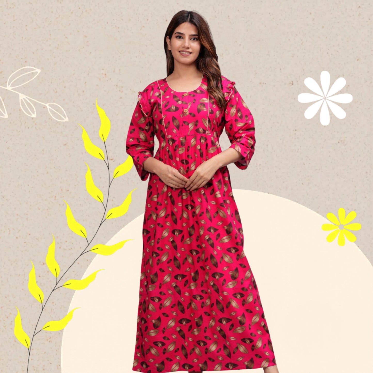 Women Cotton Full Sleeves Nightgown (Raani Pink, XL)