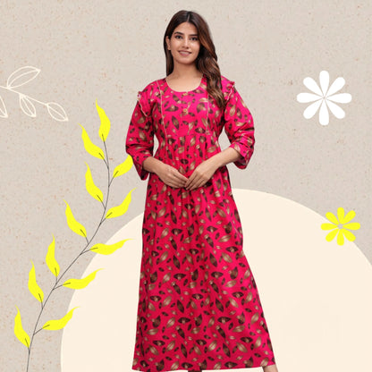Women Cotton Full Sleeves Nightgown (Raani Pink, XL)